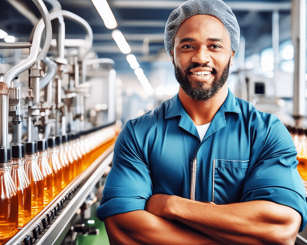 smiling male in a soft drink production plant