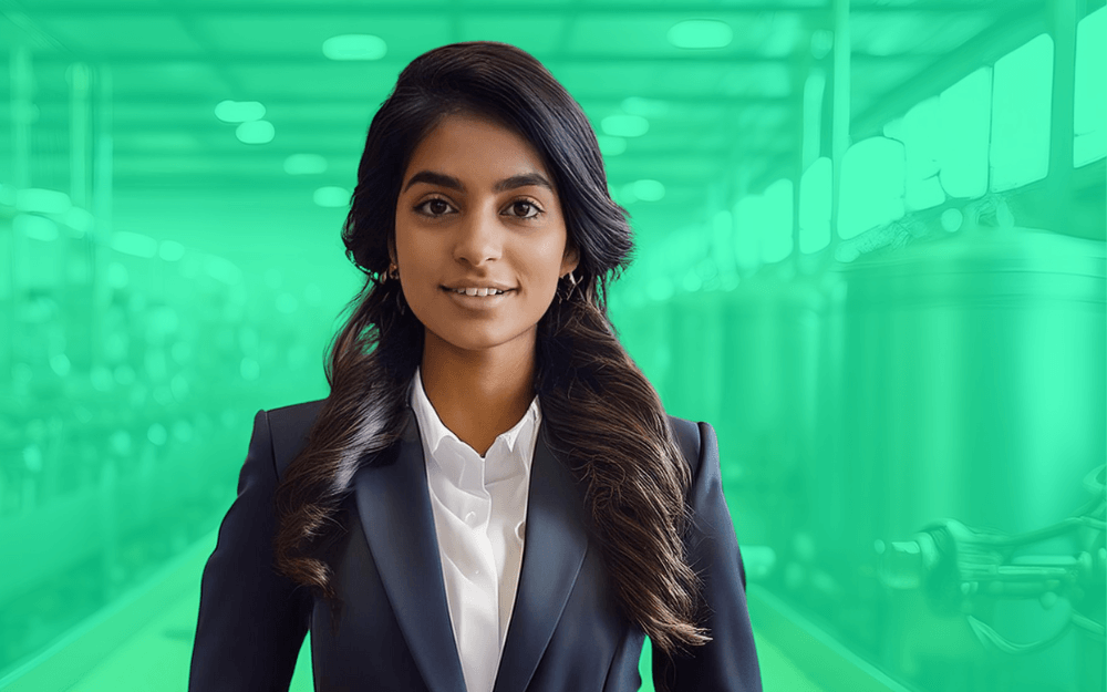 woman standing in a food manufacturing facility with a green background